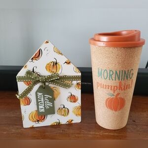 New Hello Autumn Wood Decor‎ Sign And Cork Morning Pumpkin Tumbler Fall Themed